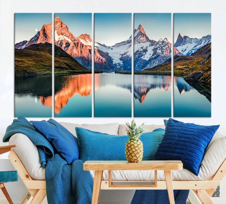 The living room features the Landscape Mountain and Lake View Wall Art Canvas Print. This triptych is expertly handmade in the USA on museum-quality canvas and includes a UV-protective coating to ensure lasting beauty.