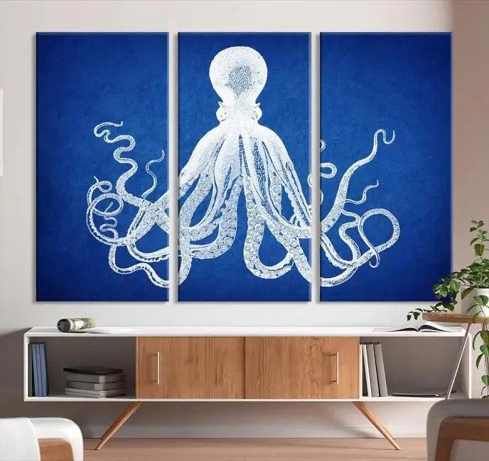 Large 3-Panel Blue Octopus Canvas Wall Art | Coastal Marine Life Artwork for Living Room, Bedroom, or Office | Ready-to-Hang Nautical Wall