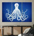 Large 3-Panel Blue Octopus Canvas Wall Art | Coastal Marine Life Artwork for Living Room, Bedroom, or Office | Ready-to-Hang Nautical Wall