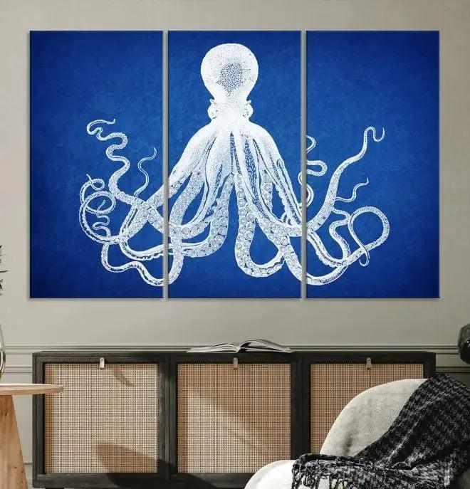 Large 3-Panel Blue Octopus Canvas Wall Art | Coastal Marine Life Artwork for Living Room, Bedroom, or Office | Ready-to-Hang Nautical Wall