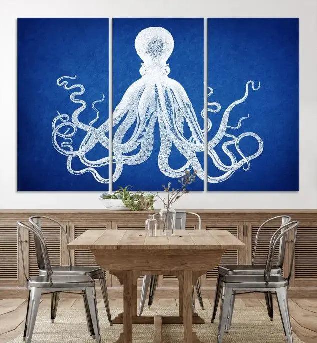 Large 3-Panel Blue Octopus Canvas Wall Art | Coastal Marine Life Artwork for Living Room, Bedroom, or Office | Ready-to-Hang Nautical Wall
