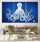 Large 3-Panel Blue Octopus Canvas Wall Art | Coastal Marine Life Artwork for Living Room, Bedroom, or Office | Ready-to-Hang Nautical Wall