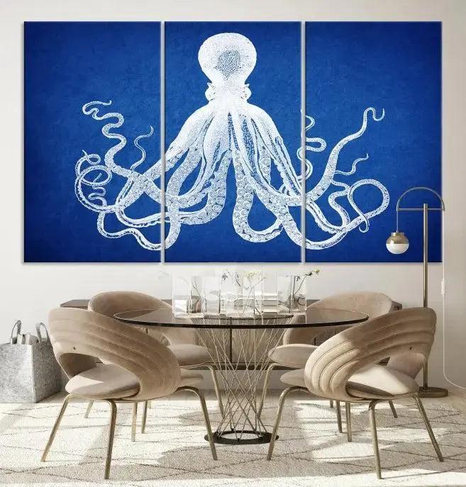 Large 3-Panel Blue Octopus Canvas Wall Art | Coastal Marine Life Artwork for Living Room, Bedroom, or Office | Ready-to-Hang Nautical Wall