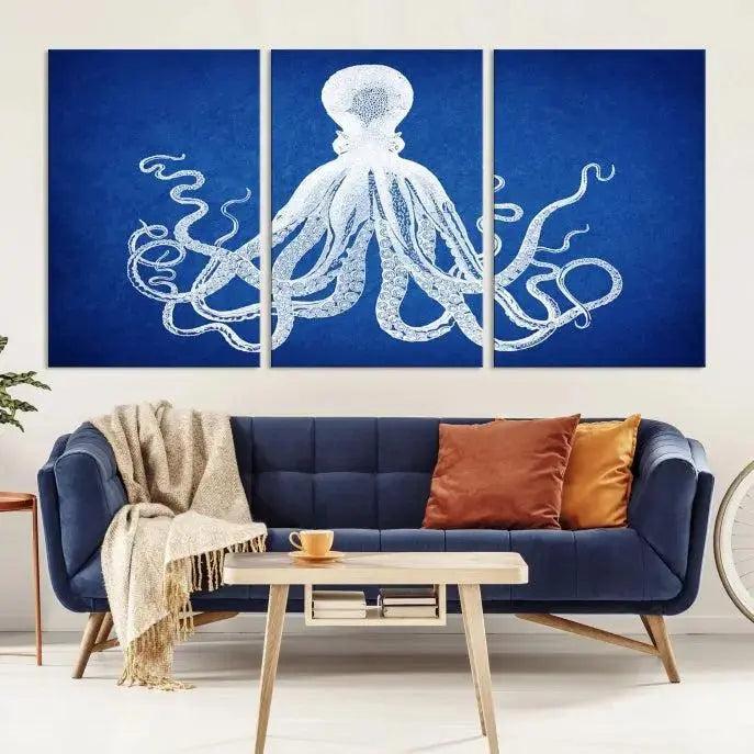 Large 3-Panel Blue Octopus Canvas Wall Art | Coastal Marine Life Artwork for Living Room, Bedroom, or Office | Ready-to-Hang Nautical Wall