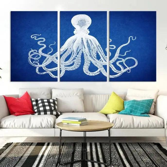 Large 3-Panel Blue Octopus Canvas Wall Art | Coastal Marine Life Artwork for Living Room, Bedroom, or Office | Ready-to-Hang Nautical Wall