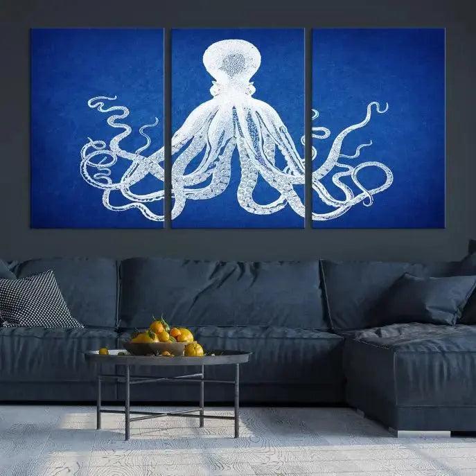 Large 3-Panel Blue Octopus Canvas Wall Art | Coastal Marine Life Artwork for Living Room, Bedroom, or Office | Ready-to-Hang Nautical Wall