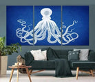 Large 3-Panel Blue Octopus Canvas Wall Art | Coastal Marine Life Artwork for Living Room, Bedroom, or Office | Ready-to-Hang Nautical Wall