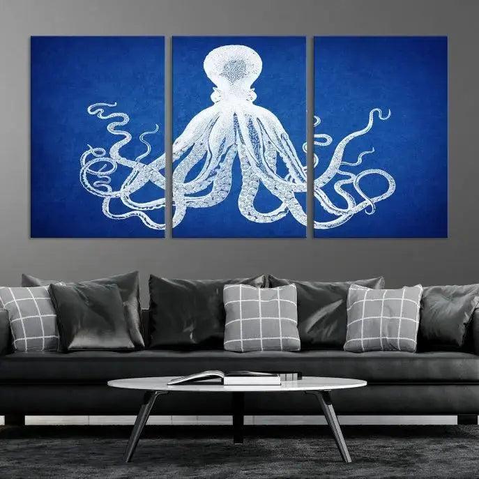 Large 3-Panel Blue Octopus Canvas Wall Art | Coastal Marine Life Artwork for Living Room, Bedroom, or Office | Ready-to-Hang Nautical Wall