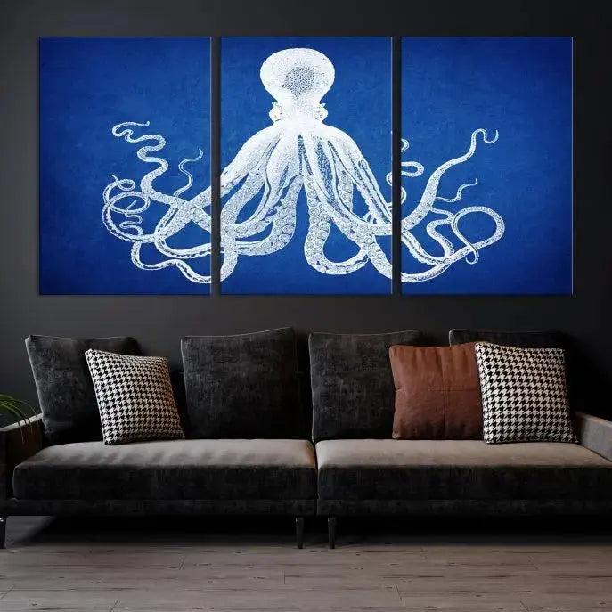 Large 3-Panel Blue Octopus Canvas Wall Art | Coastal Marine Life Artwork for Living Room, Bedroom, or Office | Ready-to-Hang Nautical Wall