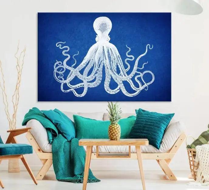Large 3-Panel Blue Octopus Canvas Wall Art | Coastal Marine Life Artwork for Living Room, Bedroom, or Office | Ready-to-Hang Nautical Wall