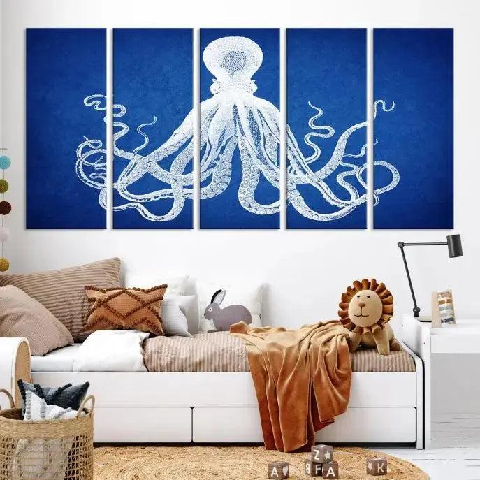 Large 3-Panel Blue Octopus Canvas Wall Art | Coastal Marine Life Artwork for Living Room, Bedroom, or Office | Ready-to-Hang Nautical Wall