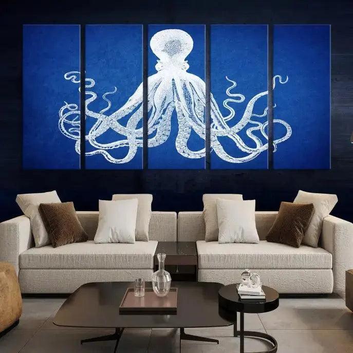 Large 3-Panel Blue Octopus Canvas Wall Art | Coastal Marine Life Artwork for Living Room, Bedroom, or Office | Ready-to-Hang Nautical Wall