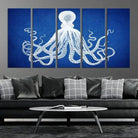 Large 3-Panel Blue Octopus Canvas Wall Art | Coastal Marine Life Artwork for Living Room, Bedroom, or Office | Ready-to-Hang Nautical Wall