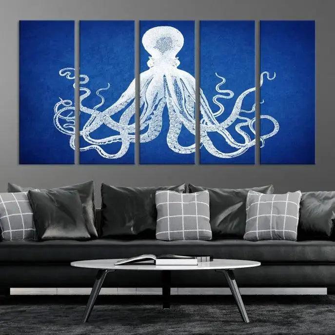 Large 3-Panel Blue Octopus Canvas Wall Art | Coastal Marine Life Artwork for Living Room, Bedroom, or Office | Ready-to-Hang Nautical Wall