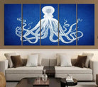 Large 3-Panel Blue Octopus Canvas Wall Art | Coastal Marine Life Artwork for Living Room, Bedroom, or Office | Ready-to-Hang Nautical Wall