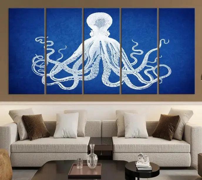 Large 3-Panel Blue Octopus Canvas Wall Art | Coastal Marine Life Artwork for Living Room, Bedroom, or Office | Ready-to-Hang Nautical Wall