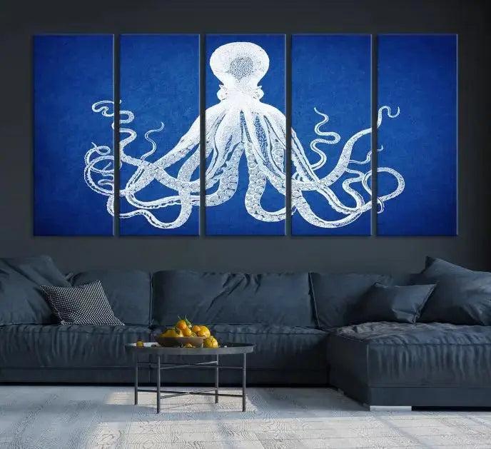 Large 3-Panel Blue Octopus Canvas Wall Art | Coastal Marine Life Artwork for Living Room, Bedroom, or Office | Ready-to-Hang Nautical Wall
