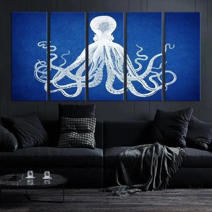 Edit-Images-Large 3-Panel Blue Octopus Canvas Wall Art | Coastal Marine Life Artwork for Living Room, Bedroom, or Office | Ready-to-Hang Nautical Wall