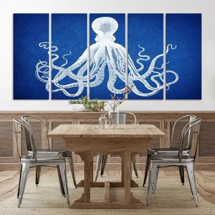 Edit-Images-Large 3-Panel Blue Octopus Canvas Wall Art | Coastal Marine Life Artwork for Living Room, Bedroom, or Office | Ready-to-Hang Nautical Wall