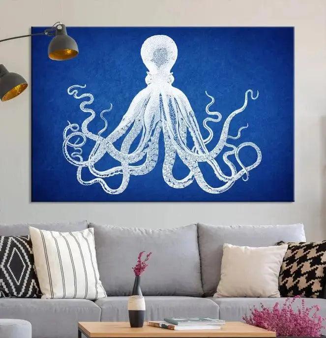 Large 3-Panel Blue Octopus Canvas Wall Art | Coastal Marine Life Artwork for Living Room, Bedroom, or Office | Ready-to-Hang Nautical Wall