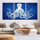 Edit-Images-Large 3-Panel Blue Octopus Canvas Wall Art | Coastal Marine Life Artwork for Living Room, Bedroom, or Office | Ready-to-Hang Nautical Wall