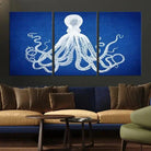 Edit-Images-Large 3-Panel Blue Octopus Canvas Wall Art | Coastal Marine Life Artwork for Living Room, Bedroom, or Office | Ready-to-Hang Nautical Wall
