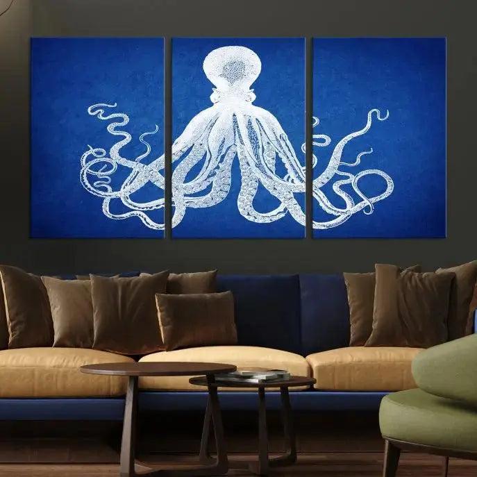 Edit-Images-Large 3-Panel Blue Octopus Canvas Wall Art | Coastal Marine Life Artwork for Living Room, Bedroom, or Office | Ready-to-Hang Nautical Wall
