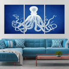 Edit-Images-Large 3-Panel Blue Octopus Canvas Wall Art | Coastal Marine Life Artwork for Living Room, Bedroom, or Office | Ready-to-Hang Nautical Wall