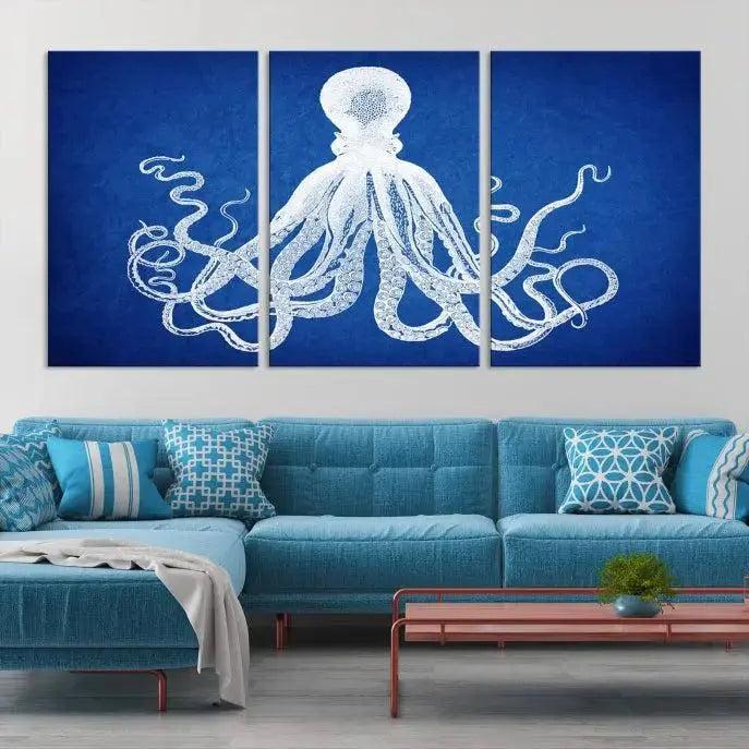 Edit-Images-Large 3-Panel Blue Octopus Canvas Wall Art | Coastal Marine Life Artwork for Living Room, Bedroom, or Office | Ready-to-Hang Nautical Wall