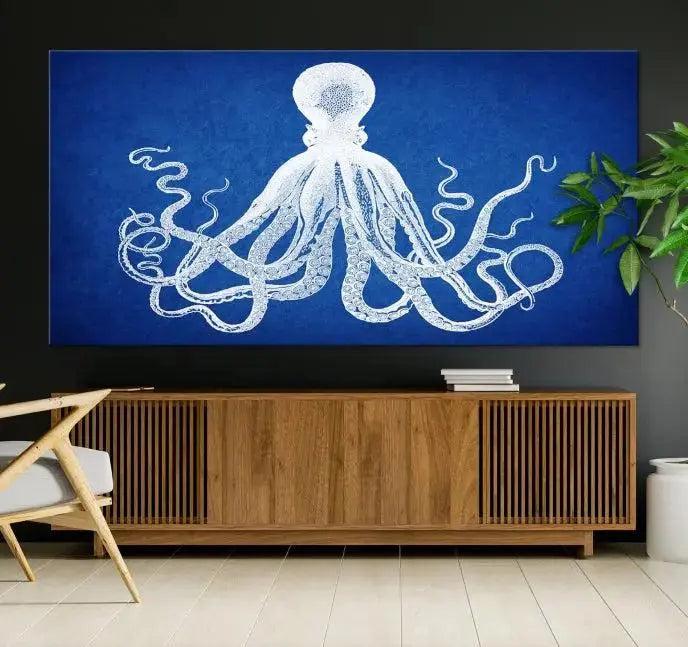 Large 3-Panel Blue Octopus Canvas Wall Art | Coastal Marine Life Artwork for Living Room, Bedroom, or Office | Ready-to-Hang Nautical Wall