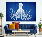 Large 3-Panel Blue Octopus Canvas Wall Art | Coastal Marine Life Artwork for Living Room, Bedroom, or Office | Ready-to-Hang Nautical Wall