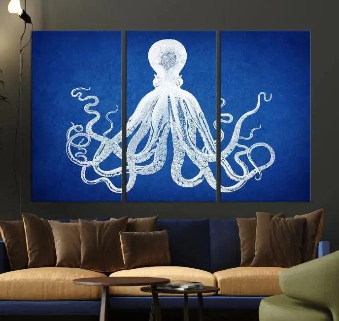 Large 3-Panel Blue Octopus Canvas Wall Art | Coastal Marine Life Artwork for Living Room, Bedroom, or Office | Ready-to-Hang Nautical Wall