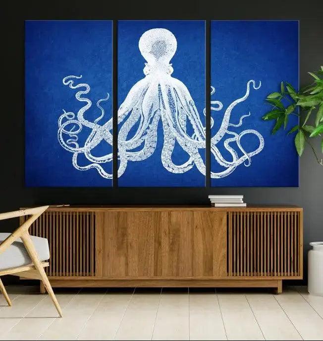 Large 3-Panel Blue Octopus Canvas Wall Art | Coastal Marine Life Artwork for Living Room, Bedroom, or Office | Ready-to-Hang Nautical Wall