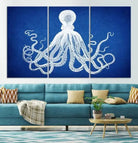Large 3-Panel Blue Octopus Canvas Wall Art | Coastal Marine Life Artwork for Living Room, Bedroom, or Office | Ready-to-Hang Nautical Wall