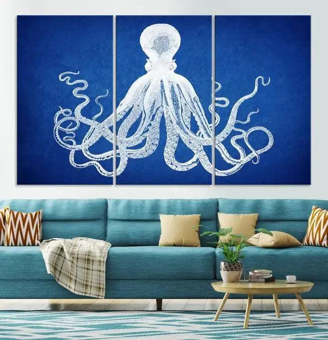 Large 3-Panel Blue Octopus Canvas Wall Art | Coastal Marine Life Artwork for Living Room, Bedroom, or Office | Ready-to-Hang Nautical Wall