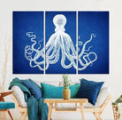 Large 3-Panel Blue Octopus Canvas Wall Art | Coastal Marine Life Artwork for Living Room, Bedroom, or Office | Ready-to-Hang Nautical Wall
