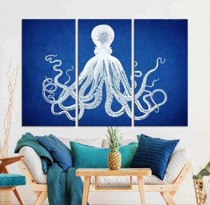 Large 3-Panel Blue Octopus Canvas Wall Art | Coastal Marine Life Artwork for Living Room, Bedroom, or Office | Ready-to-Hang Nautical Wall