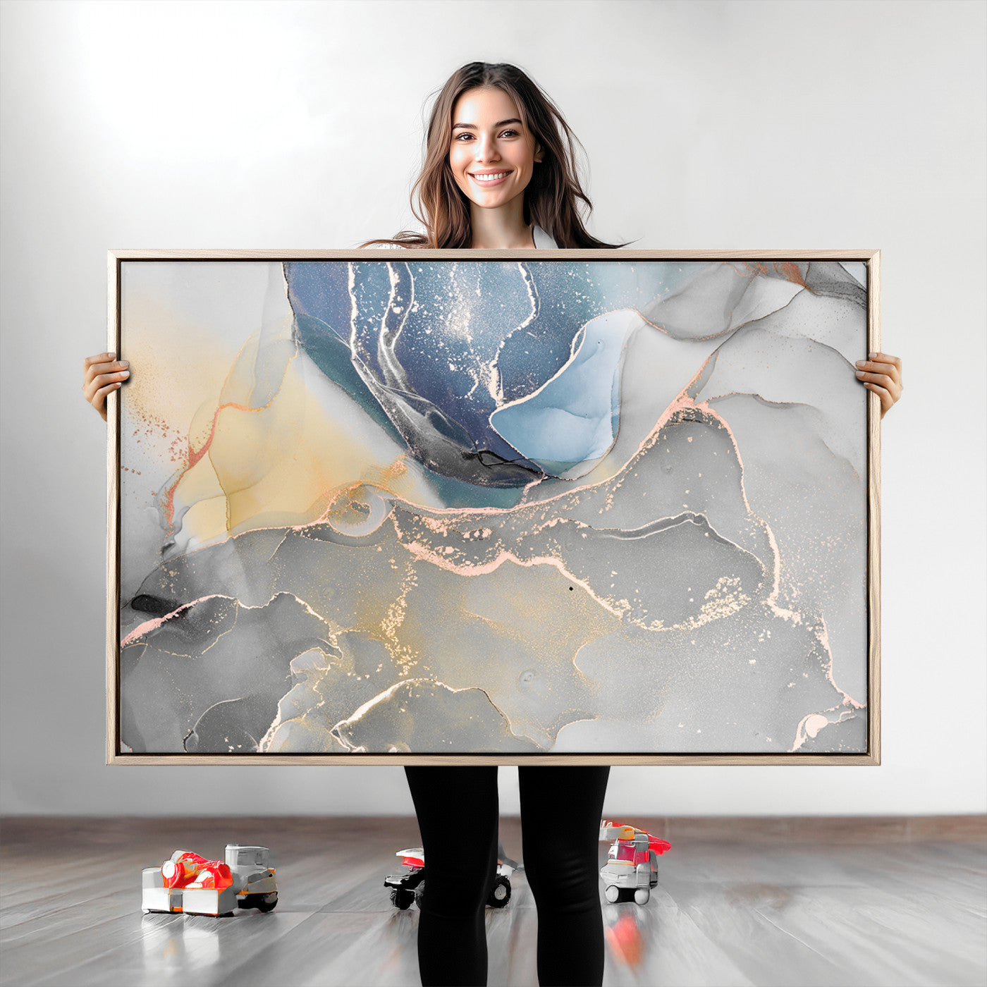 18176-MGV-CV-36X24-Large Abstract Blue and Gold Canvas Wall Art | Fluid Ink Artwork Print | Luxury Wall Decor for Contemporary Interiors | Framed Blue and Gold