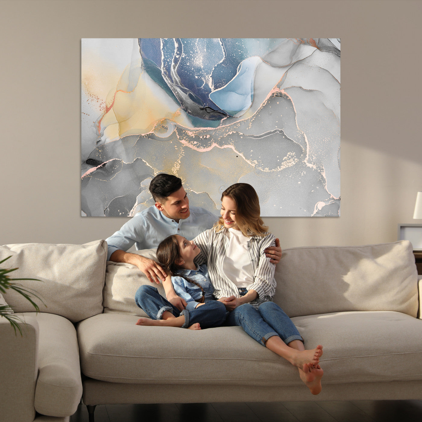 18176-MGV-CV-36X24-Large Abstract Blue and Gold Canvas Wall Art | Fluid Ink Artwork Print | Luxury Wall Decor for Contemporary Interiors | Framed Blue and Gold
