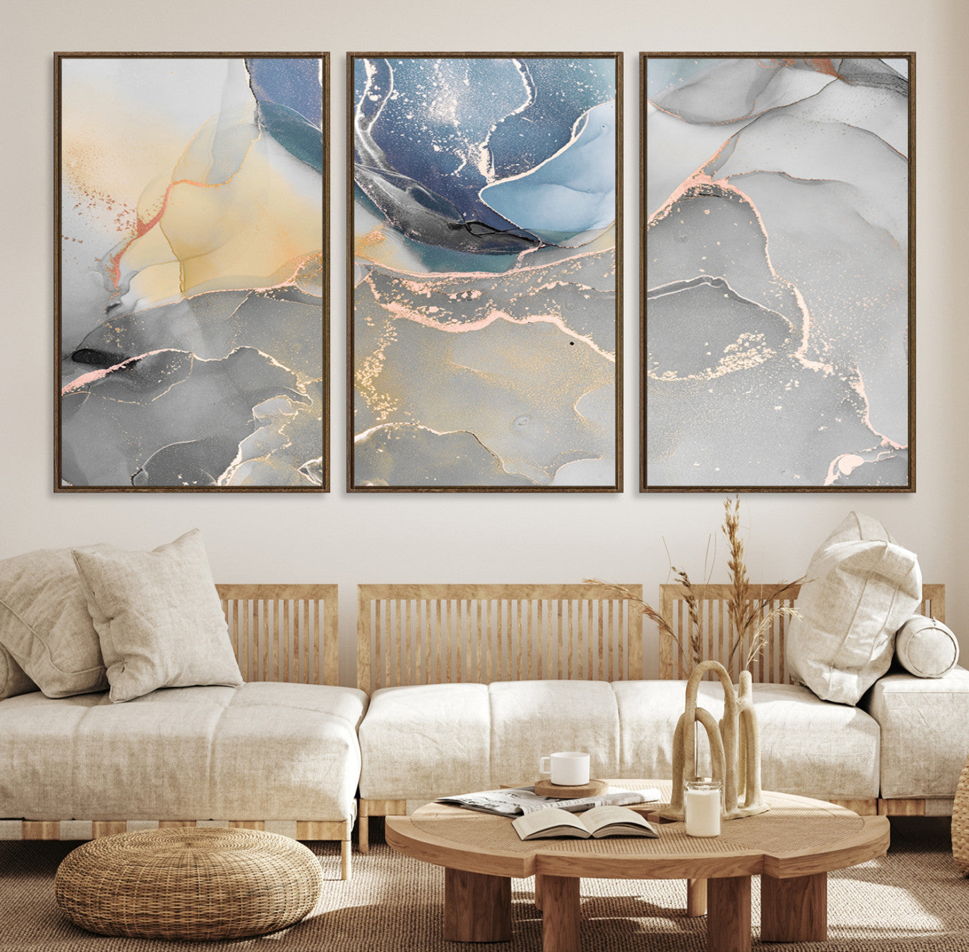 18176-MGV-CV-36X24-Large Abstract Blue and Gold Canvas Wall Art | Fluid Ink Artwork Print | Luxury Wall Decor for Contemporary Interiors | Framed Blue and Gold