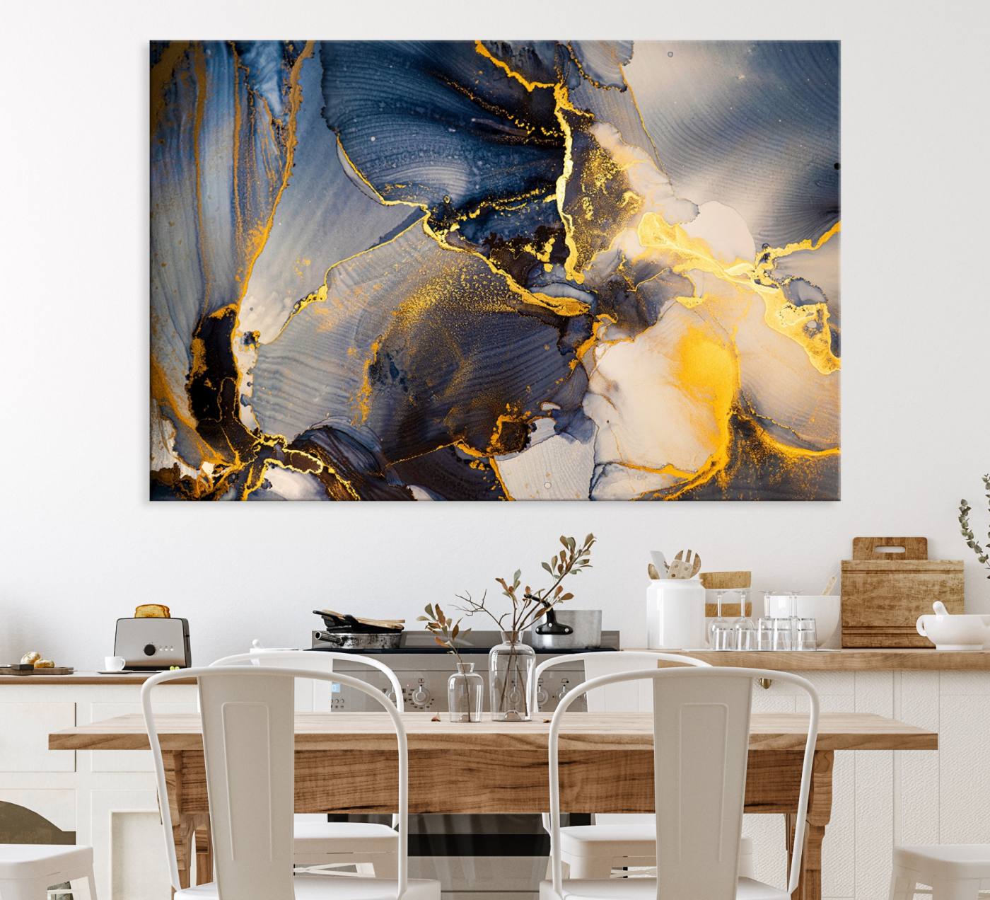 42100-MGV-CV-36X24-Large Abstract Wall Art Print - Gold and Blue Abstract Canvas Wall Art | Fluid Ink Modern Luxury Wall Decor for Living Room Decor