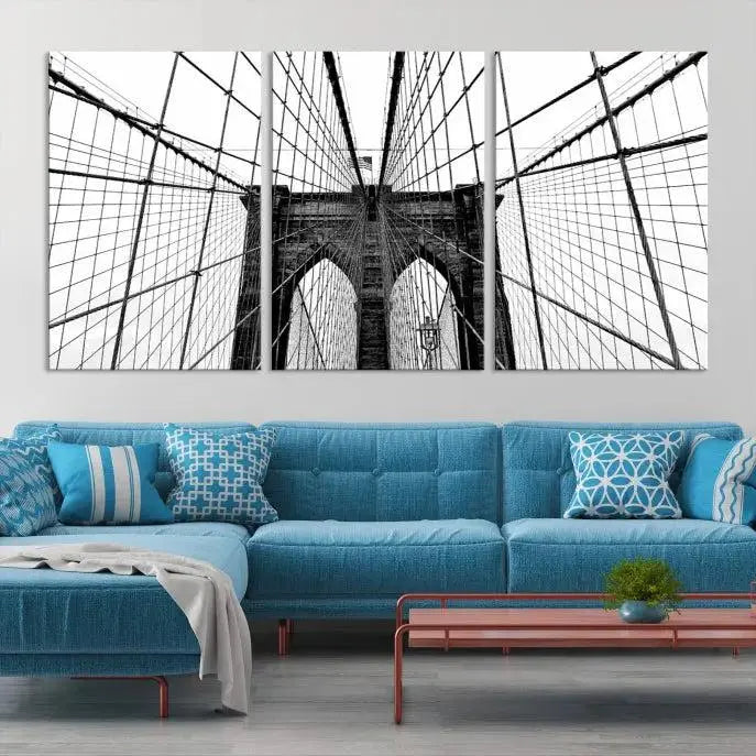 The Large Brooklyn Bridge Wall Art Canvas Print, a black and white photograph of a bridge, is elegantly displayed in two panels. The artwork is printed on museum-quality canvases.