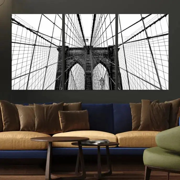 The Large Brooklyn Bridge Wall Art Canvas Print, a black and white photograph of a bridge, is elegantly displayed in two panels. The artwork is printed on museum-quality canvases.