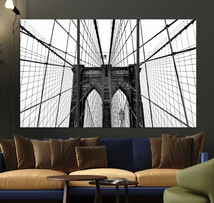 The Large Brooklyn Bridge Wall Art Canvas Print, a black and white photograph of a bridge, is elegantly displayed in two panels. The artwork is printed on museum-quality canvases.