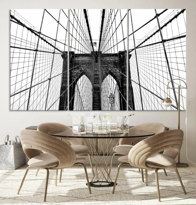 The Large Brooklyn Bridge Wall Art Canvas Print, a black and white photograph of a bridge, is elegantly displayed in two panels. The artwork is printed on museum-quality canvases.