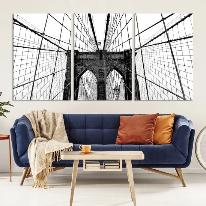 The Large Brooklyn Bridge Wall Art Canvas Print, a black and white photograph of a bridge, is elegantly displayed in two panels. The artwork is printed on museum-quality canvases.