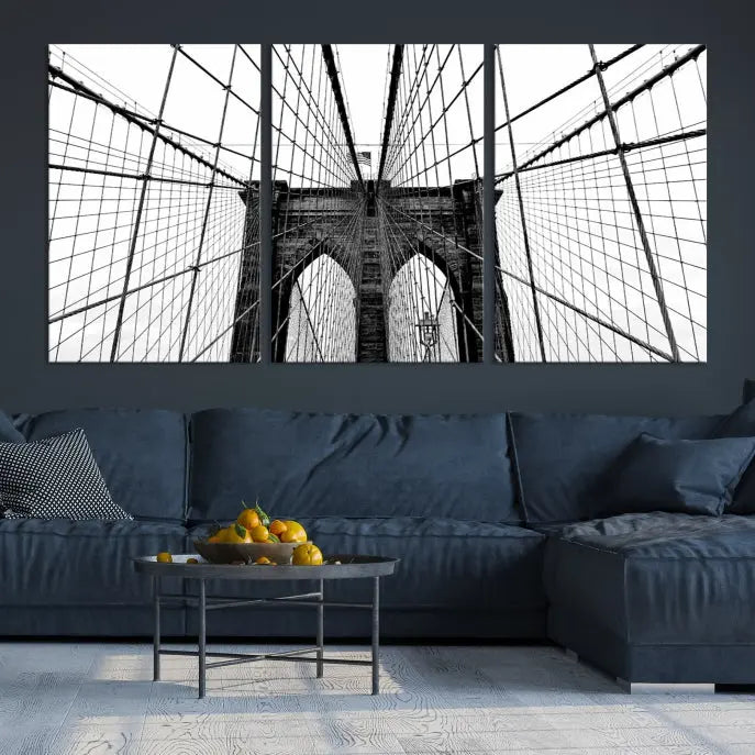 The Large Brooklyn Bridge Wall Art Canvas Print, a black and white photograph of a bridge, is elegantly displayed in two panels. The artwork is printed on museum-quality canvases.