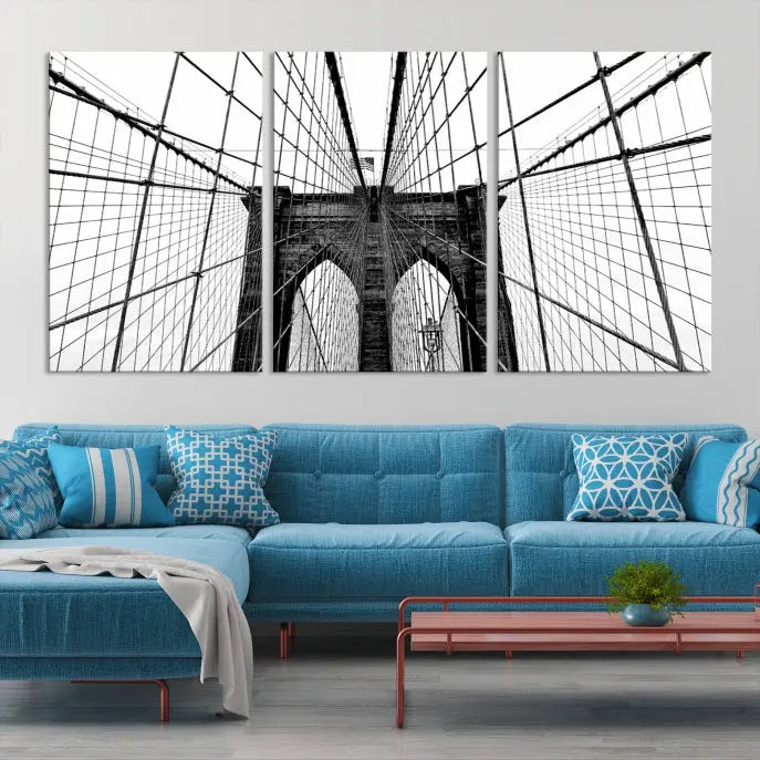 The Large Brooklyn Bridge Wall Art Canvas Print, a black and white photograph of a bridge, is elegantly displayed in two panels. The artwork is printed on museum-quality canvases.