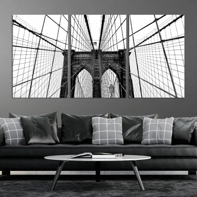 The Large Brooklyn Bridge Wall Art Canvas Print, a black and white photograph of a bridge, is elegantly displayed in two panels. The artwork is printed on museum-quality canvases.