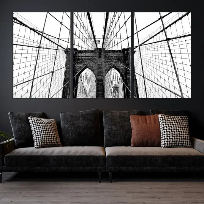 The Large Brooklyn Bridge Wall Art Canvas Print, a black and white photograph of a bridge, is elegantly displayed in two panels. The artwork is printed on museum-quality canvases.